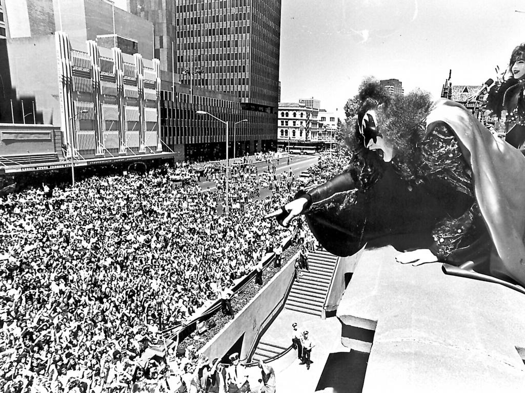 Band Kiss and their fans at Sydney Town Hall during their first Australian visit in 1980.