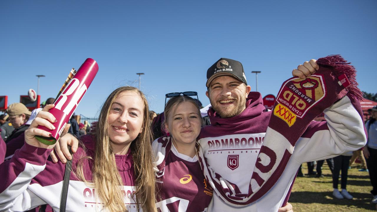 At Queensland Maroons fan day are (from left) Brooke Griffiths, Brihanna Lake and Dylan Lake. Picture: Kevin Farmer