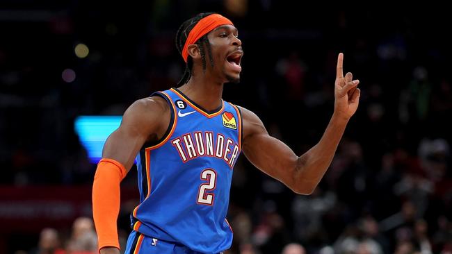 WASHINGTON, DC - NOVEMBER 16: Shai Gilgeous-Alexander #2 of the Oklahoma City Thunder celebrates after hitting the game winning shot against the Washington Wizards at Capital One Arena on November 16, 2022 in Washington, DC. NOTE TO USER: User expressly acknowledges and agrees that, by downloading and or using this photograph, User is consenting to the terms and conditions of the Getty Images License Agreement. Rob Carr/Getty Images/AFP