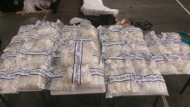 An Australian Federal Police-led multi-agency investigation has resulted in the arrest of three men and the seizure of 313 kilograms of crystal methamphetamine, marking the largest haul of the drug destined for South Australia. Picture: AFP