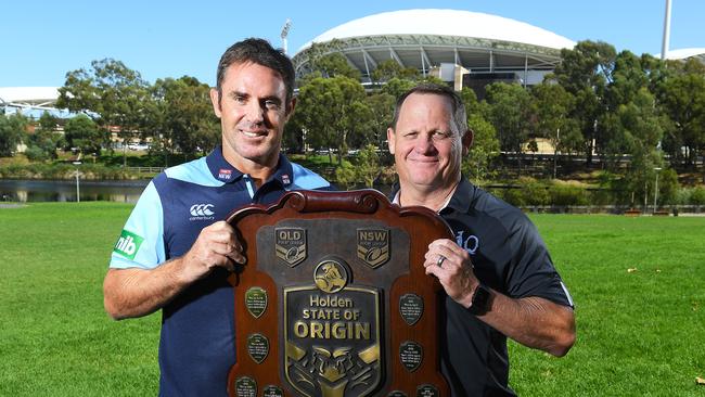 ADELAIDE, AUSTRALIA - FEBRUARY 04: Brydens Lawyers NSW Blues coach Brad Fittler and Maroons Coach Kevin Walters with the State on Origin Sheild at Elder Park during the 2020 NRL State or Origin series launch at Adelaide Oval on February 04, 2020 in Adelaide, Australia. (Photo by Mark Brake/Getty Images)