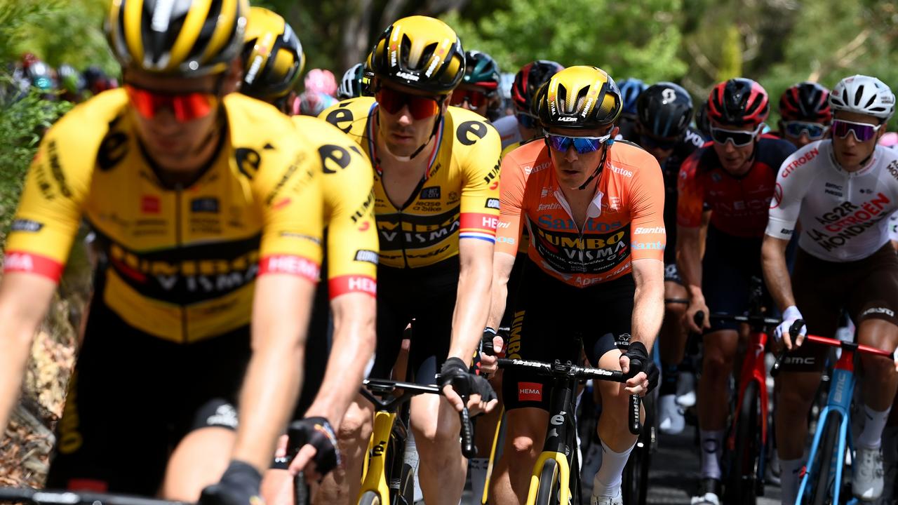 Rohan Dennis wearing the ochre leader’s jersey before losing crucial ground after the mechanical failure. Picture: Tim de Waele/Getty Images