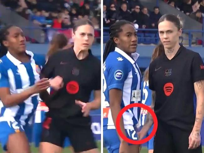 Barcelona's Mapi Leon's inappropriate act. Photo: X and Liga F.