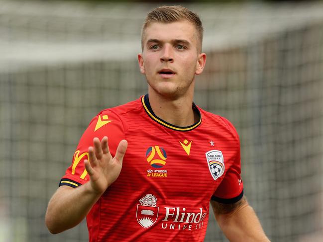 GOSFORD, AUSTRALIA - NOVEMBER 16: Riley Mcgree of Adelaide United looks on during the round 6 A-League match between the Central Coast Mariners and Adelaide United at Central Coast Stadium on November 16, 2019 in Gosford, Australia. (Photo by Ashley Feder/Getty Images)