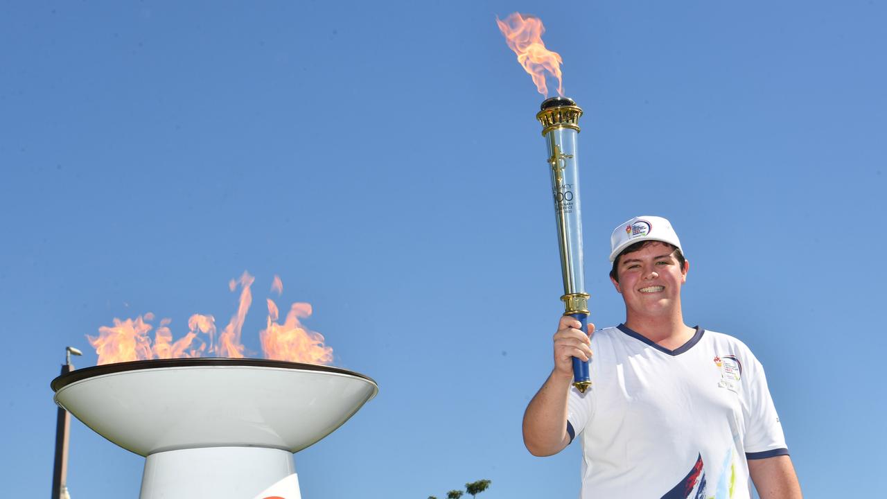 Legacy Centenary Torch Relay and community day at Jezzine Barracks. Torch bearer Mitchell Bingley lights the cauldron. Picture: Evan Morgan