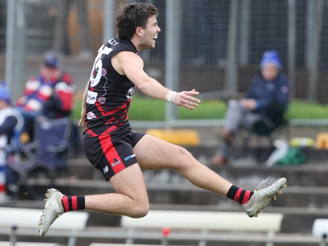 Clayton Gay kicks a goal for West Adelaide. Picture: SANFL Image/David Mariuz