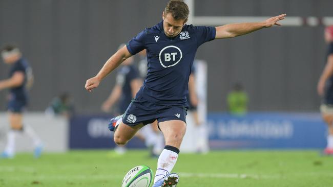 Greig Laidlaw of Scotland kicks a conversion at Dinamo Arena.