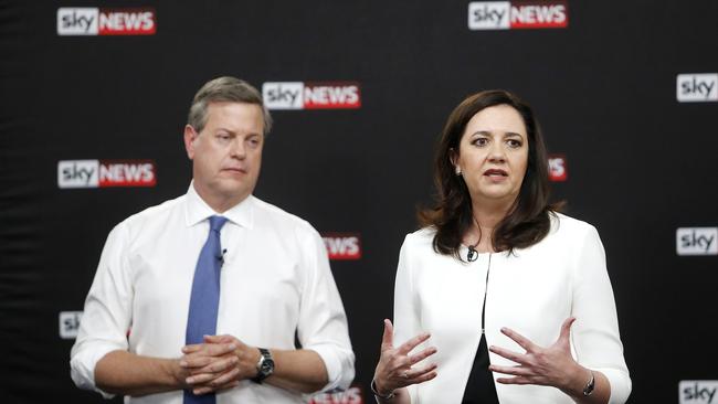 Annastacia Palaszczuk and Tim Nicholls face the prospect of having to work with One Nation in government. Picture: AAP Image/Josh Woning