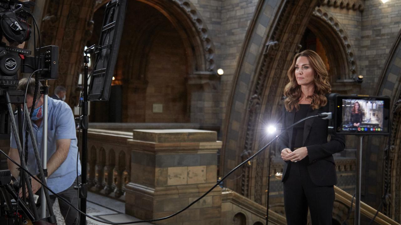 Kate Middleton – in a pant suit! – at the Royal History Museum this week. Picture: Natural History Museum via Getty Images.