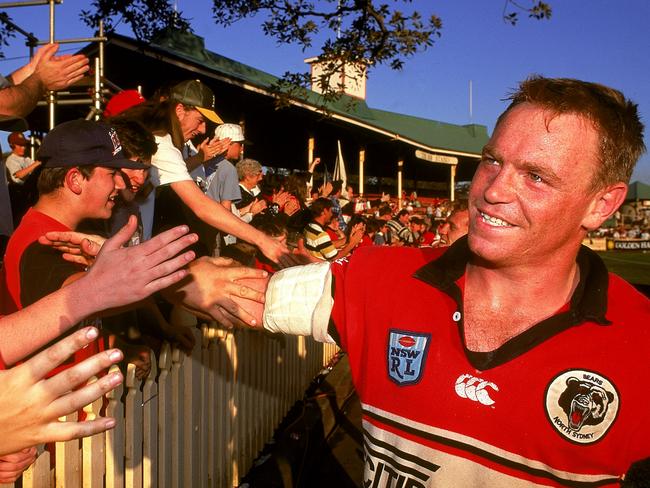 SYDNEY, AUSTRALIA - 1993:  Greg Florimo of the North Sydney Bears celebrates with fans during a NSWRL match held at North Sydney Oval 1993, in Sydney, Australia. (Photo by Getty Images)