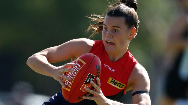 MELBOURNE, AUSTRALIA - JANUARY 25: Lily Mithen of the Demons in action during the Collingwood Magpies v Melbourne Demons AFLW practice match at Olympic Park Oval on January 25, 2020 in Melbourne, Australia. (Photo by Michael Willson/AFL Photos via Getty Images)