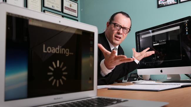 Stefan Sojka from Sydney is frustrated with slow internet speeds available in his area. Australia recently ranked 50th in the world for average download speeds. Picture: Troy Snook