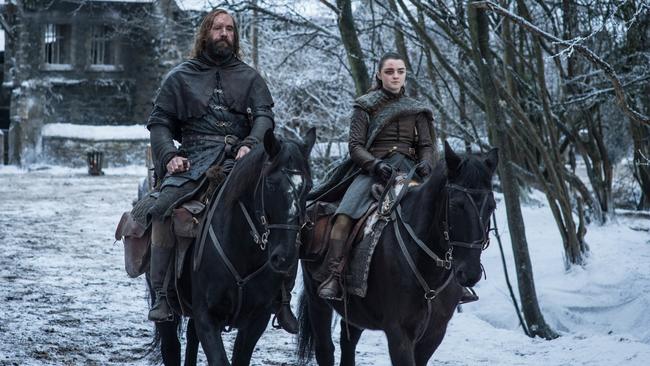 Rory McCann as Sandor ‘The Hound’ Clegane and Maisie Williams as Arya Stark.