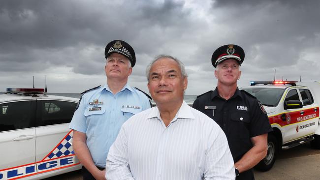 Mayor Tom Tate together with Police chief Superintendent Craig Hanlan and Fire Inspector Robert Bloss launches the annual Get Ready campaign in Surfers Paradise urging locals to prepare for the storm season. Picture Glenn Hampson