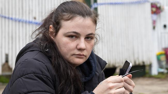 Taylor Hickey outside the house where her ex-partner Mark Smith died after being tasered. Picture: Jason Edwards