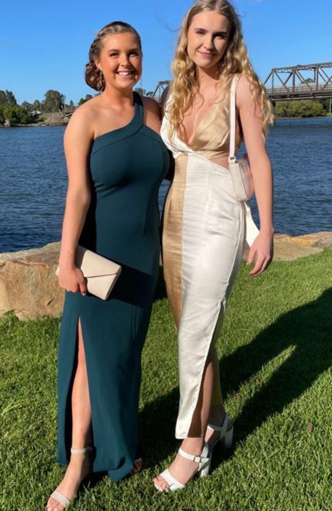 Charlotte Vinen and Celeste Cameron. Year 12 Macksville High School formal on the banks of the Nambucca River, November 10, 2022. Picture: Chris Knight