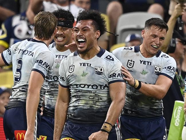TOWNSVILLE, AUSTRALIA - APRIL 26: Jeremiah Nanai of the Cowboys celebrates after scoring a try during the round eight NRL match between North Queensland Cowboys and Gold Coast Titans at Queensland Country Bank Stadium, on April 26, 2025, in Townsville, Australia. (Photo by Ian Hitchcock/Getty Images)