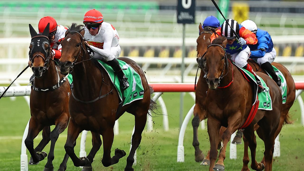 I Am Me wins (red cap) holds off Bella Nipotina in the Concorde Stakes at Randwick on Saturday. Photo: Jeremy Ng/Getty Images.