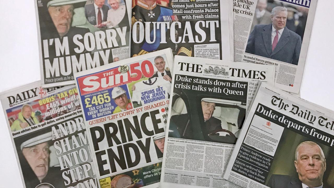 The front pages of national newspapers the day after the Duke of York suspended his work with his charities, organisations and military units because of the fallout from his friendship with sex offender Jeffrey Epstein. Picture: Zoe Linkson/PA Images via Getty Images