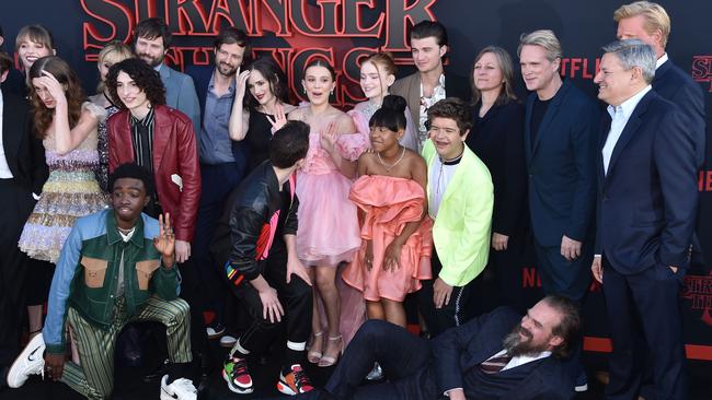 The cast of Stranger Things, also starring Winona Ryder, on the red carpet in California for the world premiere of season 3. Picture: Chris Delmas/AFP.