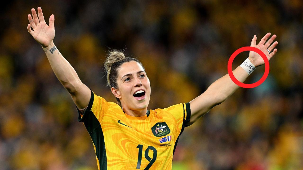 Matildas midfielder Katrina Gorry celebrates the victory.