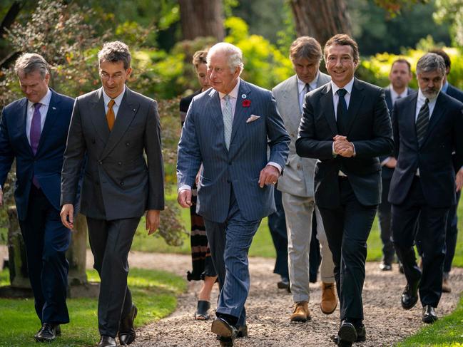 Prince Charles (C), talks with members of the Sustainable Markets Initiative's (SMI) Fashion Coalition during his visit to the Villa Wolkonsky Residence Gardens in Rome. Picture: AFP