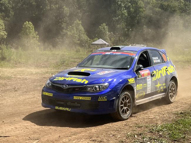 The Subaru Impreza WRX of Max McRae, nephew of rallying royalty Colin McRae, at the 2022 Coffs Coast Rally testing day.