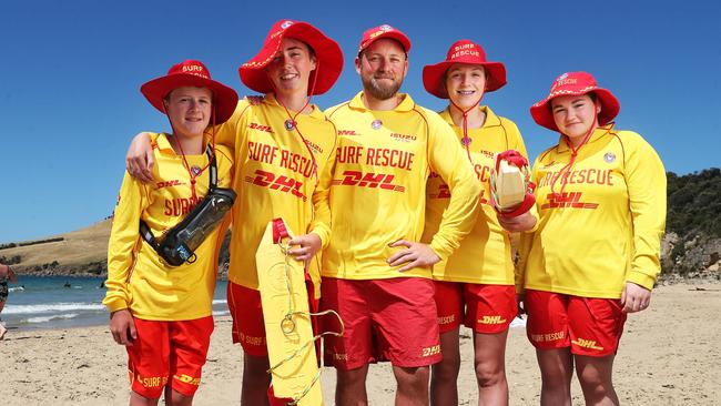 Charles Doyle 14, Riley O'Connor 13, Eldene O'Shea, Rita Schofield 14, Ariel Stephenson 14. Clifton Beach Surf Life Club lifeguards on patrol. Picture: Nikki Davis-Jones