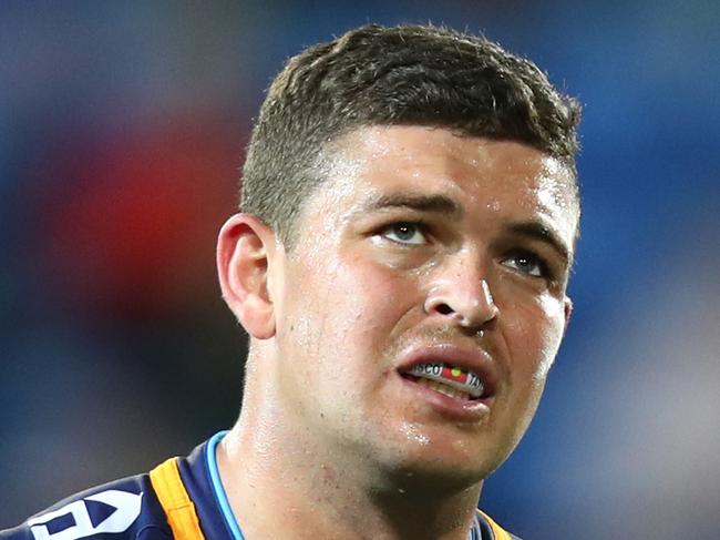 GOLD COAST, AUSTRALIA - JUNE 02: Ash Taylor and the Titans look on during the round 12 NRL match between the Gold Coast Titans and the North Queensland Cowboys at Cbus Super Stadium on June 02, 2019 in Gold Coast, Australia. (Photo by Chris Hyde/Getty Images)