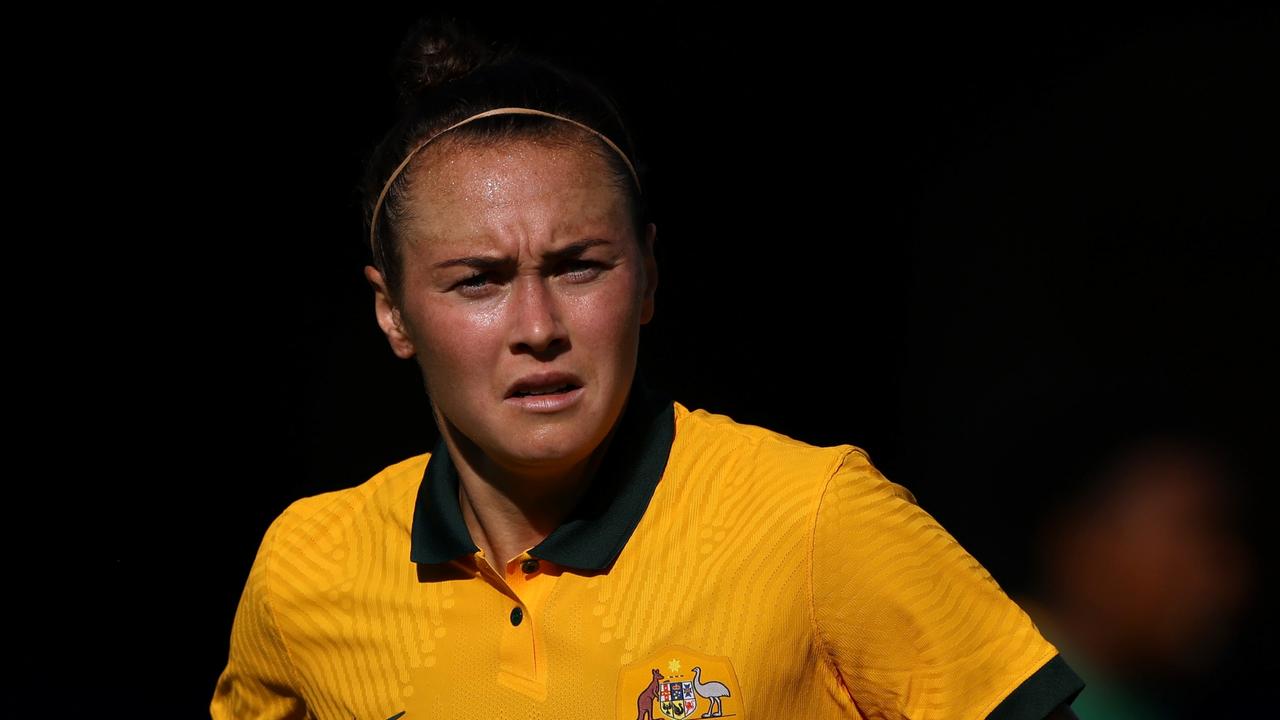 KINGSTON UPON THAMES, ENGLAND - OCTOBER 08: Caitlin Foord of Australia looks on during the International Friendly match between CommBank Matildas and South Africa Women at Kingsmeadow on October 08, 2022 in Kingston upon Thames, England. (Photo by Paul Harding/Getty Images)