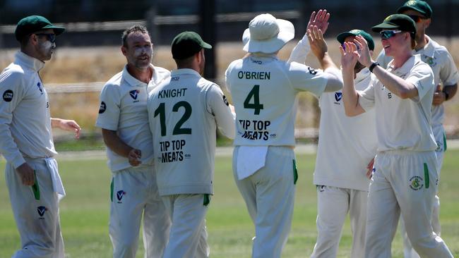 Spotswood players celebrate a wicket against Hoppers Crossing on Saturday. Picture: Andrew Batsch