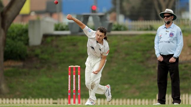 Liam Doddrell of Penrith bowls on the way to a 5 wicket haul against Sydney Uni October 22, 2022. (Photo by Jeremy Ng/Newscorp Australia)