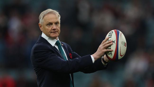 Australia's New Zealand head coach Joe Schmidt with a ball ahead of kick-off in the Autumn Nations Series International rugby union test match between England and Australia at the Allianz Stadium, Twickenham in south-west London, on November 9, 2024. (Photo by Adrian Dennis / AFP)