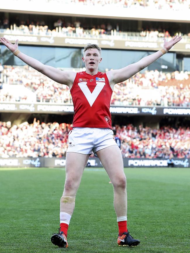 Alex Barns celebrates his incredible fourth quarter goal. Picture: Sarah Reed