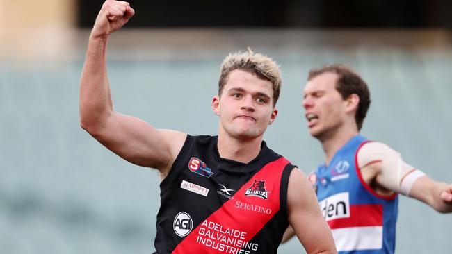 West Adelaide’s Sam May celebrates a goal in 2020. Picture: Sarah Reed