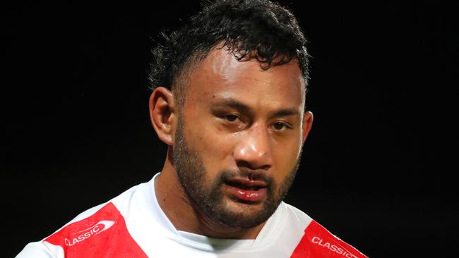 SYDNEY, AUSTRALIA - MARCH 26: Francis Molo of the Dragons reacts during the round four NRL match between St George Illawarra Dragons and Cronulla Sharks at Netstrata Jubilee Stadium on March 26, 2023 in Sydney, Australia. (Photo by Jeremy Ng/Getty Images)