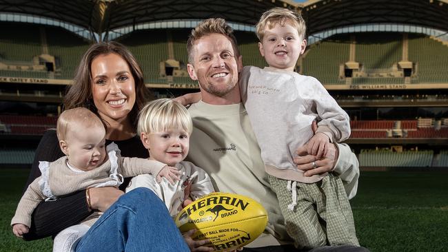 Rory Sloane with his family, wife Belinda, daughter Summer Maree, Bodhi and Sonny at Adelaide Oval in 2023. Picture: Sarah Reed/Getty Images