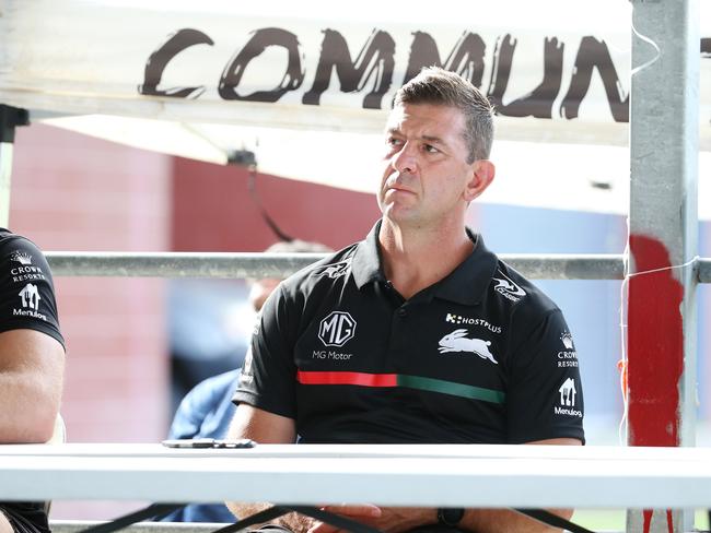 South Sydney Rabbitohs head coach Jason Demetriou joins his players at Yarrabah's Jilara Oval. Picture: Brendan Radke