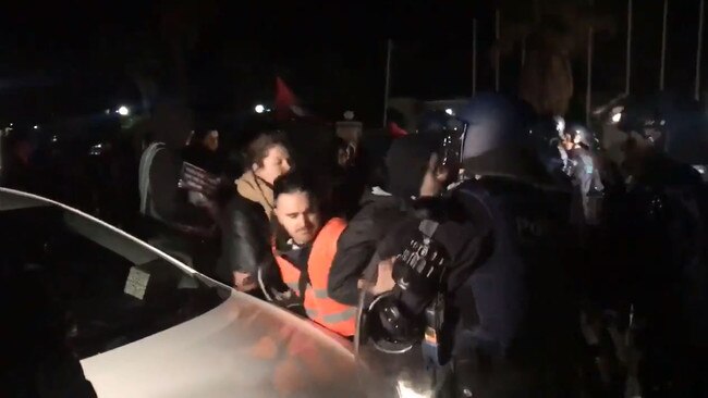 Protesters and police face off outside the Broadmeadows venue where Lauren Southern is due to appear. Picture: Genevieve Alison