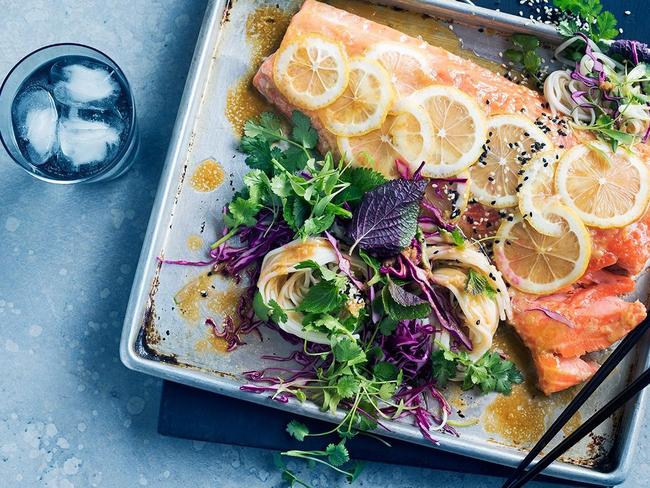 Fish recipes: Miso ocean trout, noodles and Asian leaves.