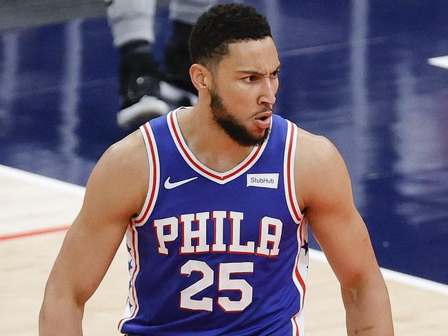 WASHINGTON, DC - MAY 31: Ben Simmons #25 of the Philadelphia 76ers celebrates during the first quarter against the Washington Wizards during Game Four of the Eastern Conference first round series at Capital One Arena on May 31, 2021 in Washington, DC. NOTE TO USER: User expressly acknowledges and agrees that, by downloading and or using this photograph, User is consenting to the terms and conditions of the Getty Images License Agreement.   Tim Nwachukwu/Getty Images/AFP == FOR NEWSPAPERS, INTERNET, TELCOS & TELEVISION USE ONLY ==