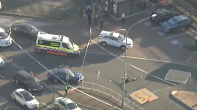 The scene at Campbelltown Station where a man was shot. Picture: 7NEWS