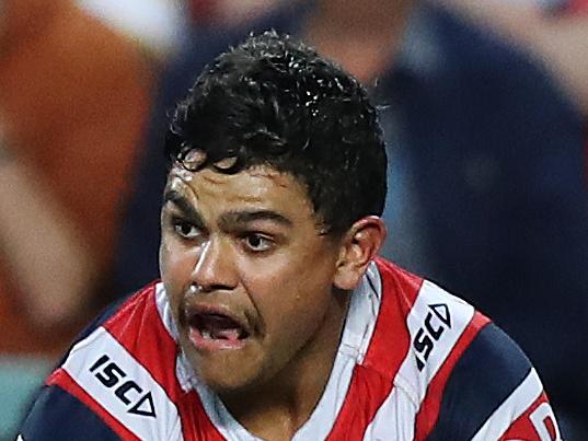 Roosters Latrell Mitchell scores a try during the Sydney Roosters v Cowboys NRL Preliminary Final at Allianz Stadium, Sydney. Picture: Brett Costello