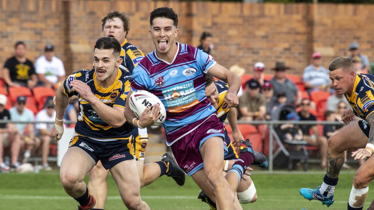 David Armstrong on his way to score a try for Goondiwindi in the 2021 TRL grand final. Picture: Nev Madsen.