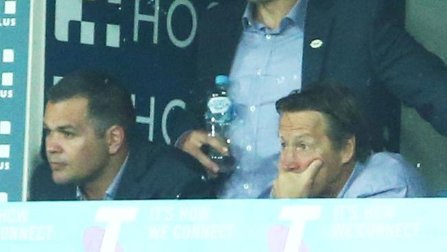 MELBOURNE, AUSTRALIA — SEPTEMBER 26: Storm coach Craig Bellamy and Billy Slater look on from the coaches box as the Cowboys score a try during the NRL Second Preliminary Final match between the Melbourne Storm and the North Queensland Cowboys at AAMI Park on September 26, 2015 in Melbourne, Australia. (Photo by Scott Barbour/Getty Images)