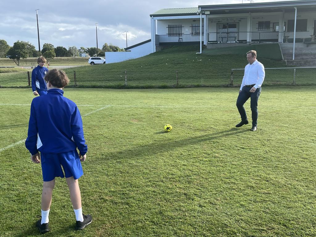 Opposition Leader Stephen Miles attending a press conference at the Mackay Lions Soccer Club with local Mackay youth speaking on a petition to urge the LNP to reinstate the FairPlay vouchers program. June 6, 2025