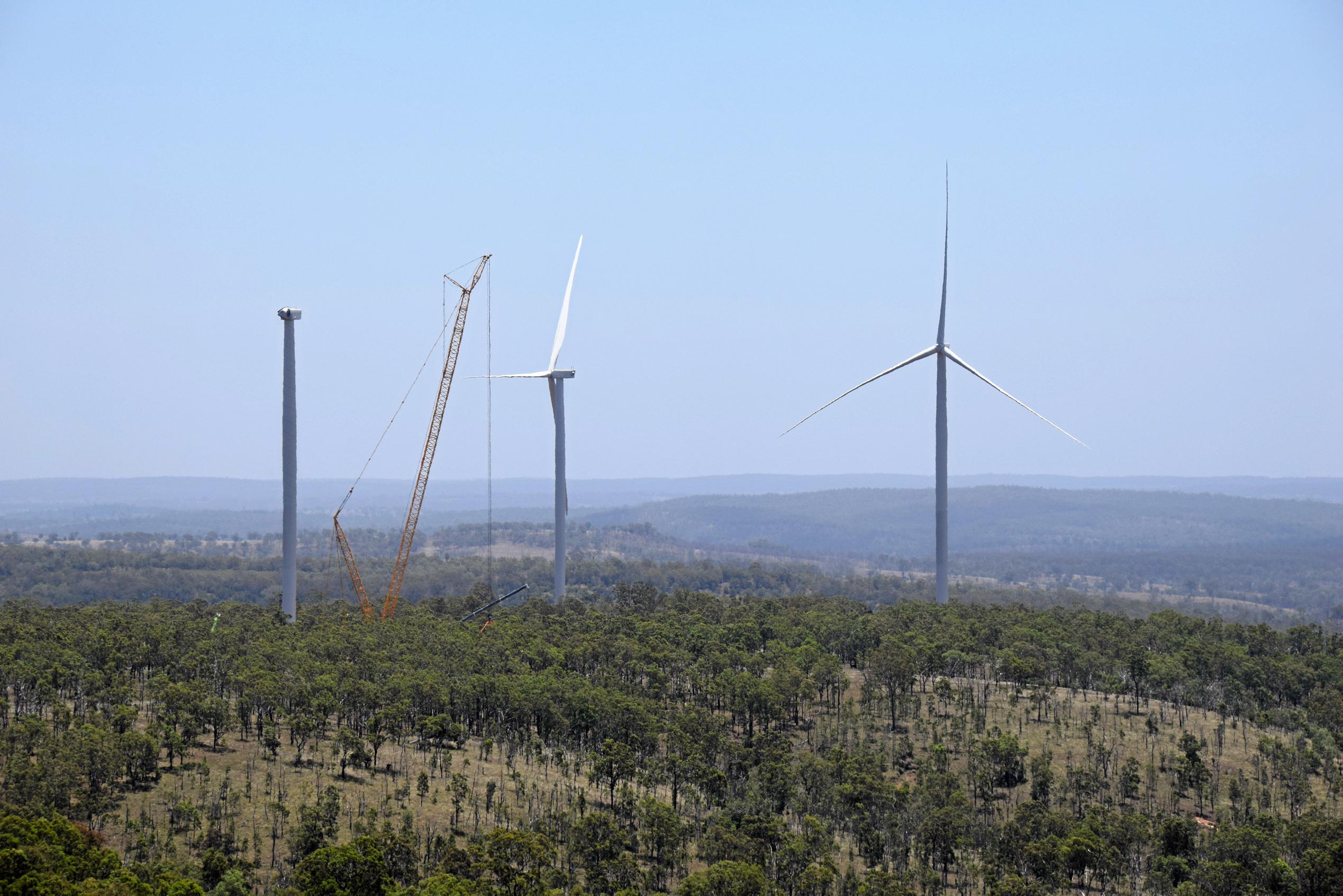 A look at the Coopers Gap wind farm with the completion of the third wind turbine only days away. Picture: Matt Collins