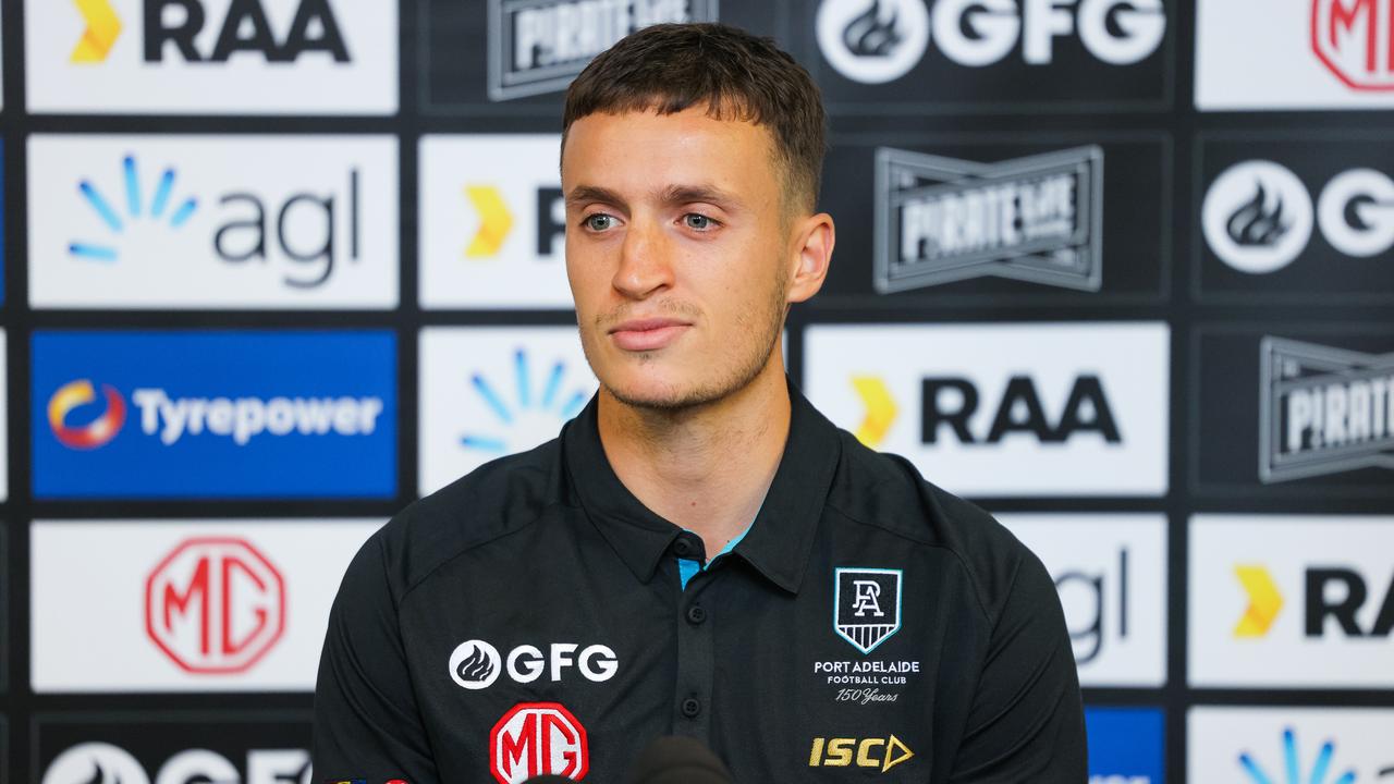 Orazio Fantasia speaks to the media after arrive at Port Adelaide in the 2020 AFL trade period. Picture: Daniel Kalisz/Getty Images.