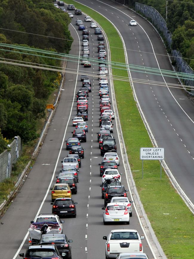 Holiday traffic leaving Sydney on the Princes Highway at Sutherland.