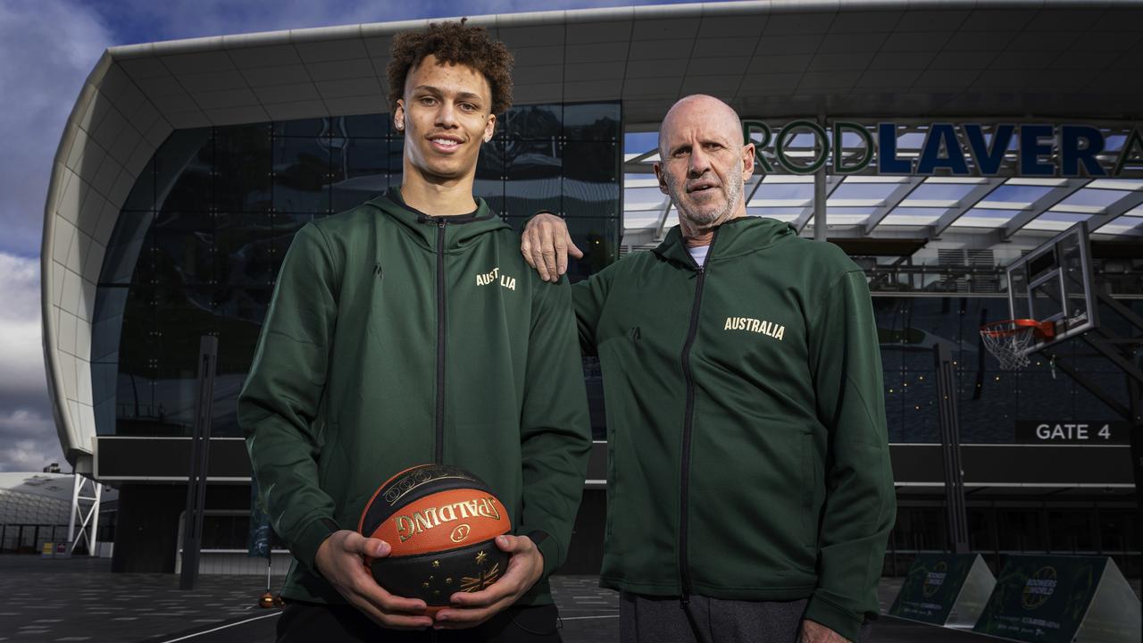 Boomers head coach Brian Goorjian and Dyson Daniels. Picture: Daniel Pockett/Getty Images